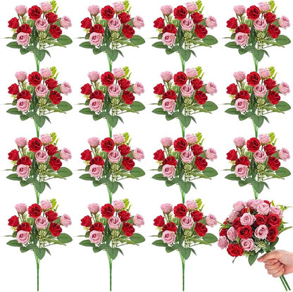 Zeyune 16 Bunches 12 Inch Artificial Mini Rose Bouquet 160 Heads Bridal Flower Bouquets Fake Silk Rose Bulk for Wedding Bridal Shower Christmas Home Office Garden Decoration(Pink and Red)