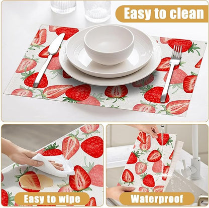 Watercolor Strawberry Placemats Set of 6, Linen Place Mat Washable Stain Resistant Table Mats for Farmhouse Kitchen Dining Holiday Party Wedding Decor 12x18 Inch