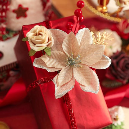 YYHUAWU Artificial Christmas Flowers Greenery Combo Box Set Faux Flowers Bulk Flower Leaf with Stems for DIY Tree Ornaments Xmas Wreath Floral Arrangements Centerpieces