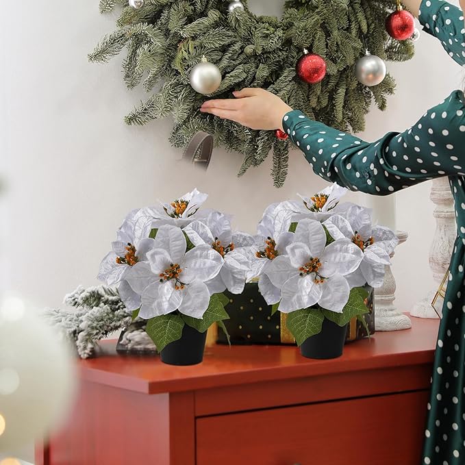 Poinsettias Flowers Artificial 2 Pack White Faux Christmas Poinsettia Plant Small 11 Inch Winter Flowers for Home Office Table Decorations Indoor Xmas Ornament