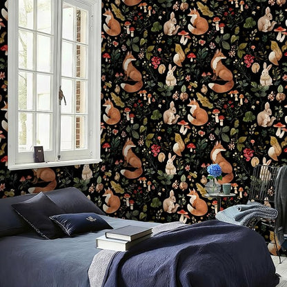 Vintage Fox Rabbit Mushroom Peel and Stick Wallpaper Removable Whimsical Botanical Leaf 17.7" x 236.22" Wall Paper Watercolor Self Adhesive Contact Paper for Classroom Bedroom laundry room bathroom