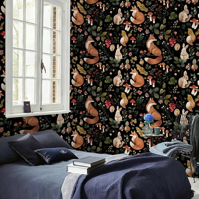 Vintage Fox Rabbit Mushroom Peel and Stick Wallpaper Removable Whimsical Botanical Leaf 17.7" x 118.11" Wall Paper Watercolor Self Adhesive Contact Paper for Classroom Bedroom laundry room bathroom