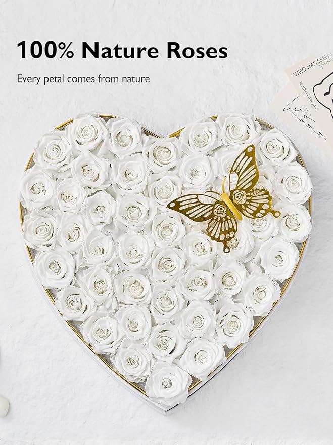 Eterfield 47 Forever Flowers in Heart Shape Box, Preserved Roses That Last a Year Preserved Flowers Birthday Gifts for Her Mom Women Wife Anniversary Valentines Day Mothers Day Christmas, White