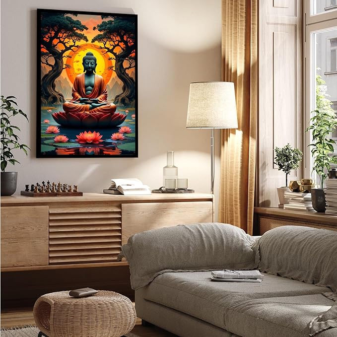 Canvas wall art Golden Buddha on lotus at sunset Ancient trees with reflections on water Serene meditation scene Uplifting wall art for mindfulness and tranquil home decor 16x24in Metal blackFramed