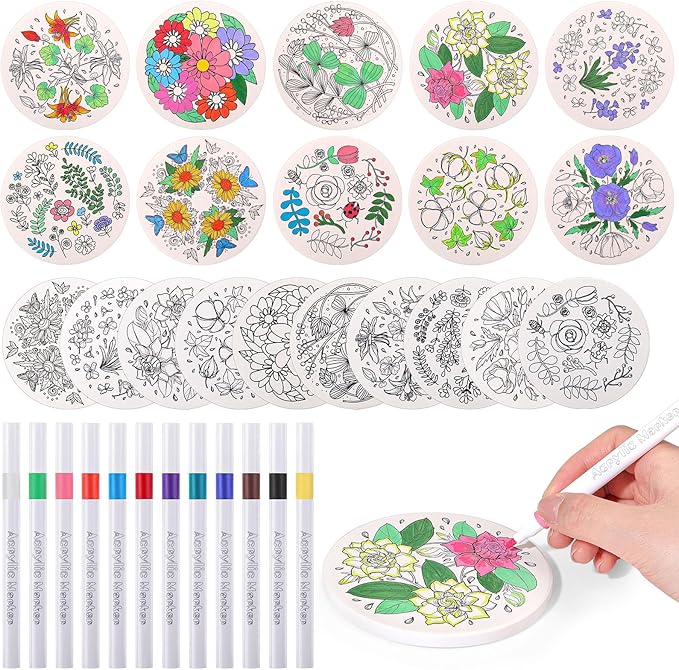 10 Pcs Ceramic Coasters for Drinks Color Your Own Coaster Set DIY Absorbent Cup Mat with 12 Markers and Cork Base Gift Arts and Crafts for Coffee Table Apartment Bar Home Decoration(Flower)