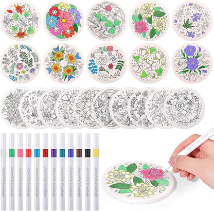 10 Pcs Ceramic Coasters for Drinks Color Your Own Coaster Set DIY Absorbent Cup Mat with 12 Markers and Cork Base Gift Arts and Crafts for Coffee Table Apartment Bar Home Decoration(Flower)