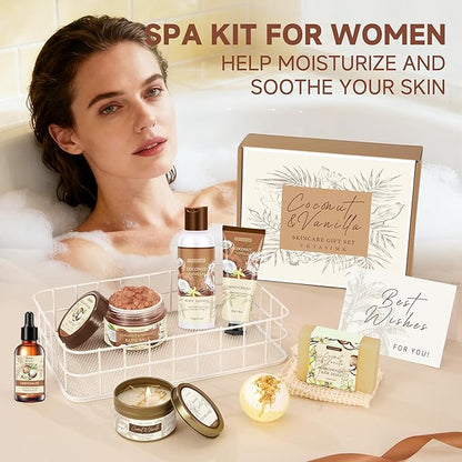 Gifts for Women Happy Birthday Gift Baskets, Bath and Body Gift Set Mothers Day Gifts, Vanilla Coconut Relaxing Home Spa Set Self Care Gift for Mom Sister Her Wife Grandma Girlfriend Friends