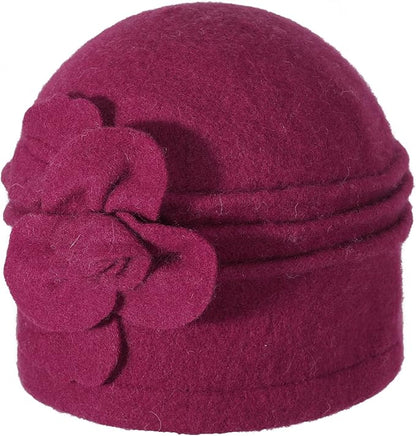ZLYC Women Wool Cloche Bucket Hat 1920s Vintage Dress Winter Hats with Flower Accent
