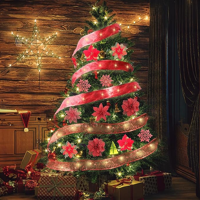 RECUTMS 9 Styles Christmas Red Glitter Artificial Poinsettia Flower Tree Ornaments with Ribbon Snowflake for Tree Wreaths Garland Floral Gift Winter Wedding Holiday Decoration(Red)