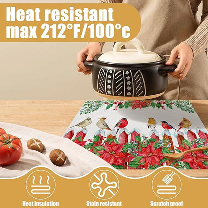 Christmas Birds Placemats Set of 6, Winter Red Cherry Linen Place Mat Washable Stain Resistant Table Mats for Farmhouse Kitchen Dining Party Wedding Decor 12x18 Inch