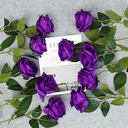 Flojery 10pcs Purple Silk Roses Artificial Rose Flowers Long Stem for DIY Wedding Bouquet Table Centerpiece Home Décor