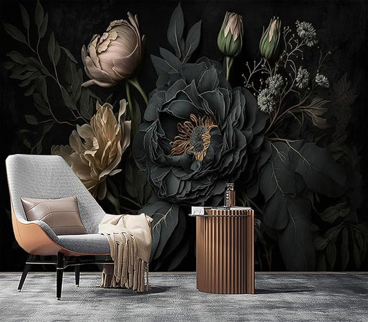 Eierme-Mysterious Black Peony Mural Wallpaper Peel and Stick 90" x 67"