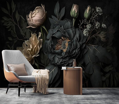 Eierme-Mysterious Black Peony Mural Wallpaper Peel and Stick 137" x 102"