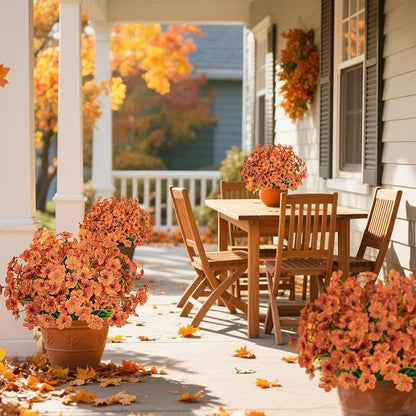 Ouddy Decor 12 Bundles Artificial Fall Flowers for Outdoors Fake Mums Fall Silk Flowers UV Resistant Faux Plastic Plants for Indoor Outdoor Vase Box Garden Porch Window Box Home Autumn Decor, Orange
