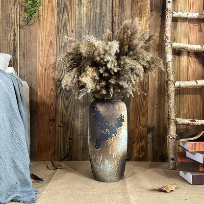 Black Rustic Ceramic Tall Floor Vase, 15.7 Inch Vintage Large Farmhouse Vase Pottery Clay Terracotta Rustic Vases for Home Decor Living Room Entryway Table Centerpieces,Kitchen,Housewarming Gifts