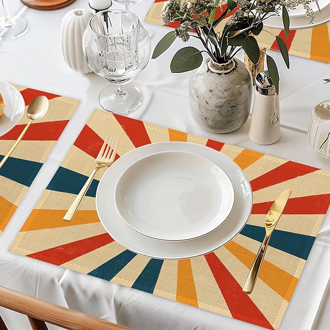 Abstract Sun Placemats Set of 6,Boho Geometric Washable Kitchen Dining Linen Table Mats for Home Party Dinner Indoor Outdoor 12x18Inch