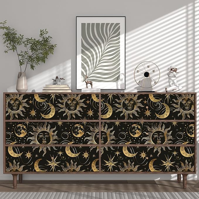 Black Peel and Stick Removable Vintage Wallpaper Gold Celestial Sun Moon Star Contact Paper 17.5" x 118" Dark Boho Mural Waterproof for Wall Bedroom Kitchen Bathroom Cabinet Room Decor