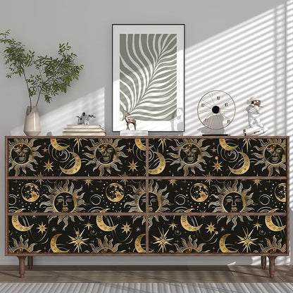 Black Peel and Stick Removable Vintage Wallpaper Gold Celestial Sun Moon Star Contact Paper 17.5" x 118" Dark Boho Mural Waterproof for Wall Bedroom Kitchen Bathroom Cabinet Room Decor