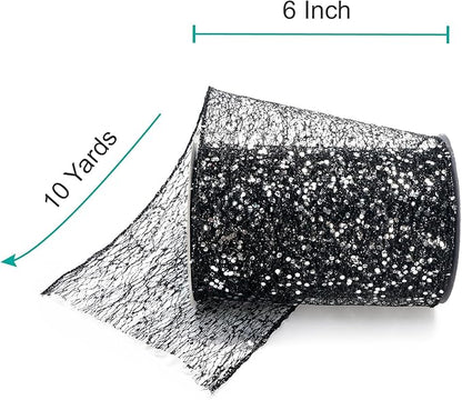 CT CRAFT LLC Sparkling Glitter Mesh Wired Ribbon 6" x 10 Yards Black for Christmas Home Decor Bow Gift Wrapping DIY Crafts Wreath