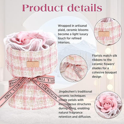 Handmade Ceramic Memorial Gift - Eternal Pink Rose Bouquet with Natural Fragrance, Ceramic Craft Artwork, Perfect for Women, Mothers, Wives, Her Birthday Gift‌