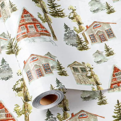 MAYPLUSS Christmas Wrapping Paper Roll - 17 In x 33 Feet - Cute Watercolor Christmas Tree Log Cabin Gift Wrap Paper for New Year, Holiday, Kids