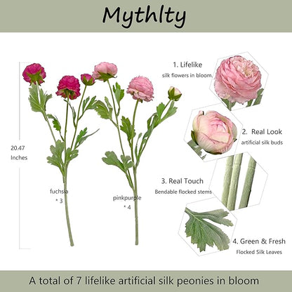 7 pcs Peony Artificial Flowers with Stems, Faux Pink and Hotpink Peonies Stem for Vase, Silk Ranunculus Flowers Arrangement for Home Office Farmhouse Wedding Party Decorations