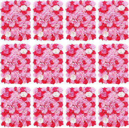 12pcs 24" x 16" Artificial Flower Wall Panel Background,3D Dark Pink Silk Dahlia Rose Flowers Wall Backdrop for Wedding Party Event Photo Backdrop Wall Decor (Type 1)