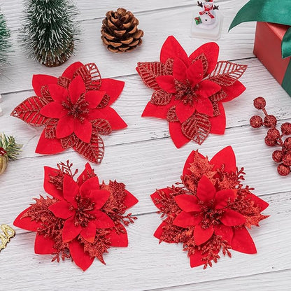 24 Pcs Red Boxed Christmas Poinsettia Flowers Set, 16 Pcs Artificial Poinsettias with Clips, 8 pcs Glitter Christmas Tree Ornaments Berry Stems for Wedding Home Holiday Xmas New Year Decorations