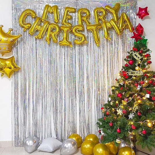 BRAVESHINE Silver Streamers Party Backdrop - 2Pcs 3.2x8.2ft Tinsel Foil Fringe Curtain for Christmas/New Years/Birthdays/Bachelorette/Anniversary/Engagement/Dance Ball/Winter’s Snowflake Decorations