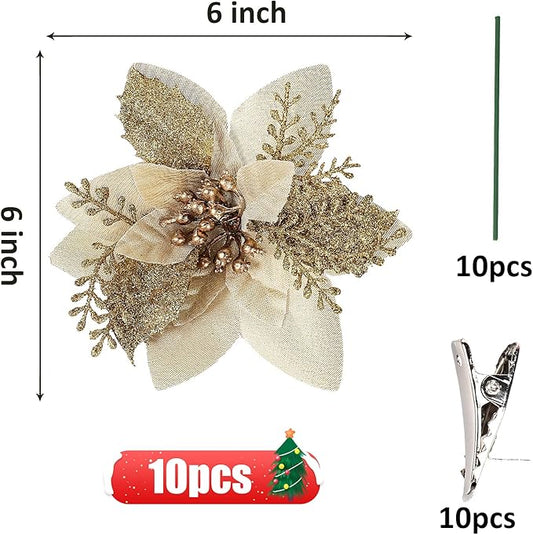 RECUTMS Christmas Tree Ornaments 10Pcs Glitter Poinsettia,Artificial Poinsettia Flowers Xmas Tree Ornaments 6" Wide for Xmas Tree Wreaths Garland Holiday Seasonal Wedding Decorations(Gold)