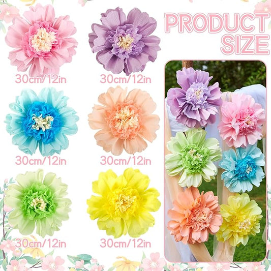 6PCS Pastel Paper Flowers Decorations Colorful Giant 12'' Crepe Tissue Paper Flowers Decorations Large Flowers for Wedding Birthday Baby Shower Classroom Wall Decor Supplies