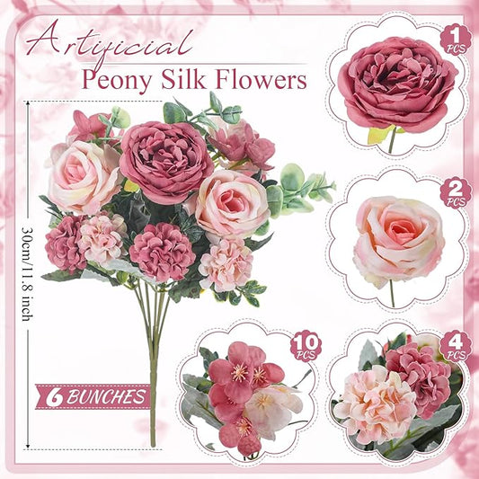 6 Pcs Artificial Peony Silk Florals Fake Mix Silk Peony Rose Faux Flower Hydrangea Bouquet Elegant Realistic Wedding Floral Centerpiece for Home Party Table Arrangement (Champagne with Red)