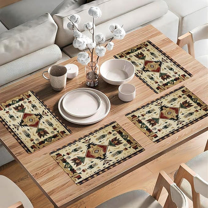 Southwestern Placemats Set of 4, Farmhouse Boho Ethnic Place Mats, Rustic Turkish Dining Table Mats, Washable Placemats for Kitchen Dining Room Home Decor 18L'' × 12W''