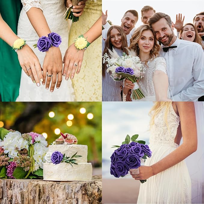 JOYLEX Artificial Flowers Realistic Roses, Real Looking Fake Roses with Stem for DIY Wedding Bouquets Centerpieces Bridal Shower Party Home Romantic Decorations (Dark Purple, Regular 3" - 200pcs)
