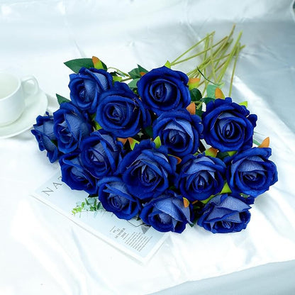 SITUMEIZI 15PCS Blue Artificial Roses Silk Flowers Fake Roses Realistic Bouquet Long Stem with Gift Box for Mother's Gift Day Home Party Wedding Decorations
