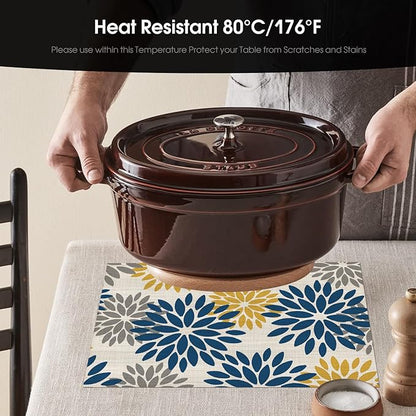 Artoid Mode Floral Vinyl Placemats Set of 6, Heat Resistant Washable Non-Slip Plistic PVC Place Mats for Party Kitchen Dining Decor, Blue Yellow