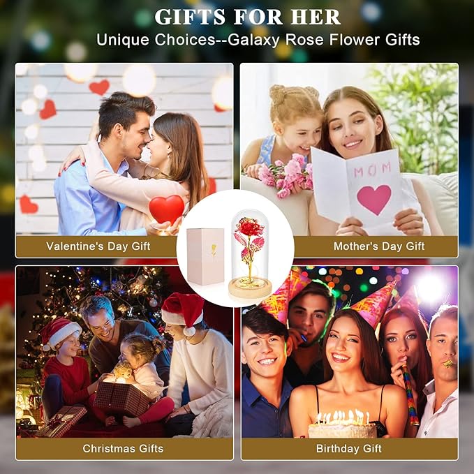 Beferr Mom Birthday Gifts for Women, Galaxy Glass Rose Forever Preserved Flowers for Delivery Prime Light Up Rose in Glass Dome Christmas Rose Gifts for Her Wife Daughter Friends, Red