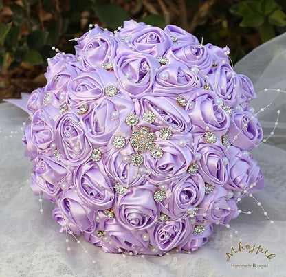 Bridal Wedding Bouquet Round Bling Brooch Bouquet Throw Toss Artificial Rose Flower Bunch for Bride Bridesmaid Wedding Quinceanera(Light Purple, 6.3")