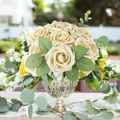 AmyHomie 25pcs Real Looking Artificial Beige Roses w/Stem for DIY Wedding Bouquets Centerpieces Arrangements Party Baby Shower Valentines Day Christmas Tree Decorations