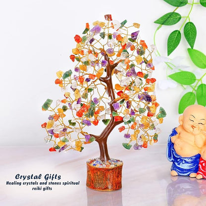 YATHABI Chakra Tree Sculpture - Mix Chakra Golden Wire Crystal Bonsai Tree - Positive Energy, Meditation Decor, Spiritual Gift