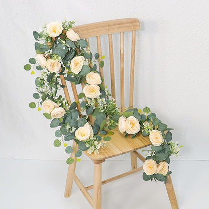TOCHGREEN 4 Pack 24Ft Artificial Eucalyptus Flower Garland with Champagne Roses, Fake Rose Flower Greenery Garland Floral Vines for Wedding Home Party Table Runner Decor (4PCS, Champagne)