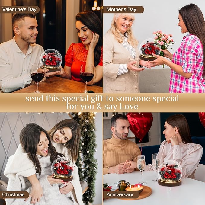 Preserved Flowers,Rose in Glass Dome with LED Light, Gifts for Her, Women, Mom,Grandma,Girlfriend, Wife-Style7