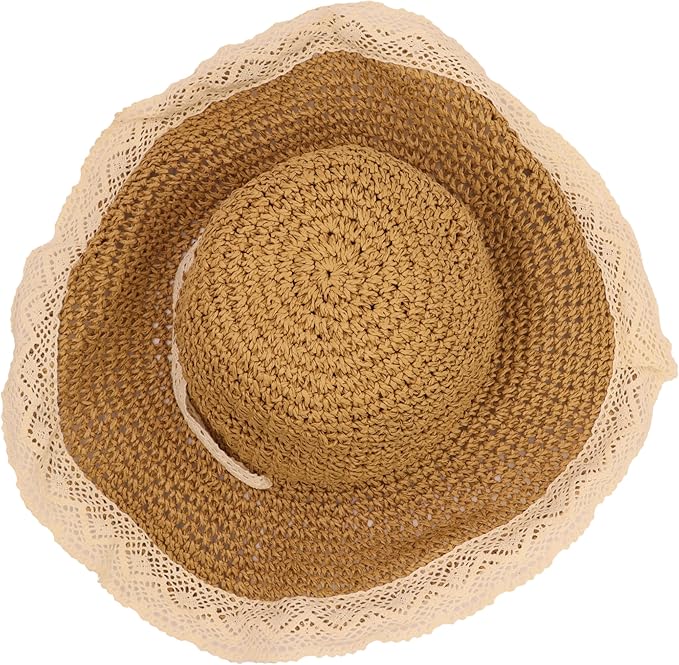 Ladies Wide Brim Beach Straw Hat Summer Vacation Sun Protection Hat Braided Lace Edge Hat Soft Foldable Lightweight