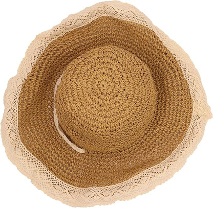 Ladies Wide Brim Beach Straw Hat Summer Vacation Sun Protection Hat Braided Lace Edge Hat Soft Foldable Lightweight