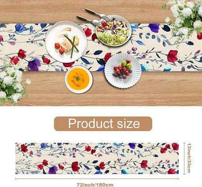 Elegant Watercolor Floral Table Runner – 13x72 Inch Linen-Look Fabric with Red, Blue & Purple Blooms on Beige Background, Perfect for Dining Room, Kitchen & Home Decor