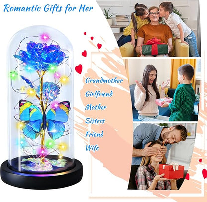 Blue Butterfly Rose Flower Birthday Gifts - Women Gifts for Her Valentines Mothers Day Anniversary Christmas Thanksgiving - Light Up Rose Flower Gifts for Mom Wife Grandma Sister Girlfriend Lady Girl