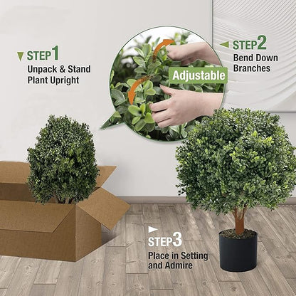 26''T 17D'' Artificial Boxwood Topiary Ball for Outdoors, Set of 2 Potted Bushes, Artificial Boxwood Plants for Front
