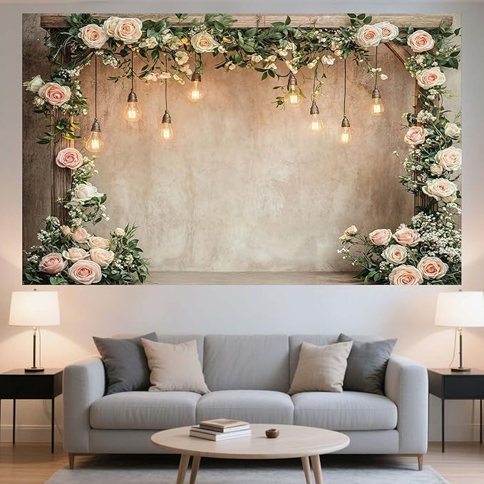 5x3ft Country Wedding Photography Backdrop Floral Rustic Roses Farmhouse Wooden Door Backdrop Pink Flower Birthday Baby Shower Wedding Bridal Party Banner Photo Booth Props Anniversary Background