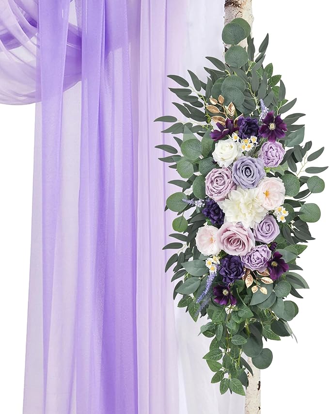 Wedding Arch Flowers Kit (Pack of 5) 2pcs Purple Artificial Floral Swag and 3pcs Draping Fabric for Wedding Flower Arch Decor Ceremony Arbor Reception and Backdrop (Lilac and White)