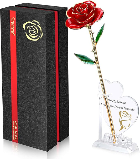 Sinvitron Gold Dipped Infinity Rose Forever Flower Decor, Resin Preserved Real Rose Birthday Gift for Women, Anniversary Present for Mom (Red)
